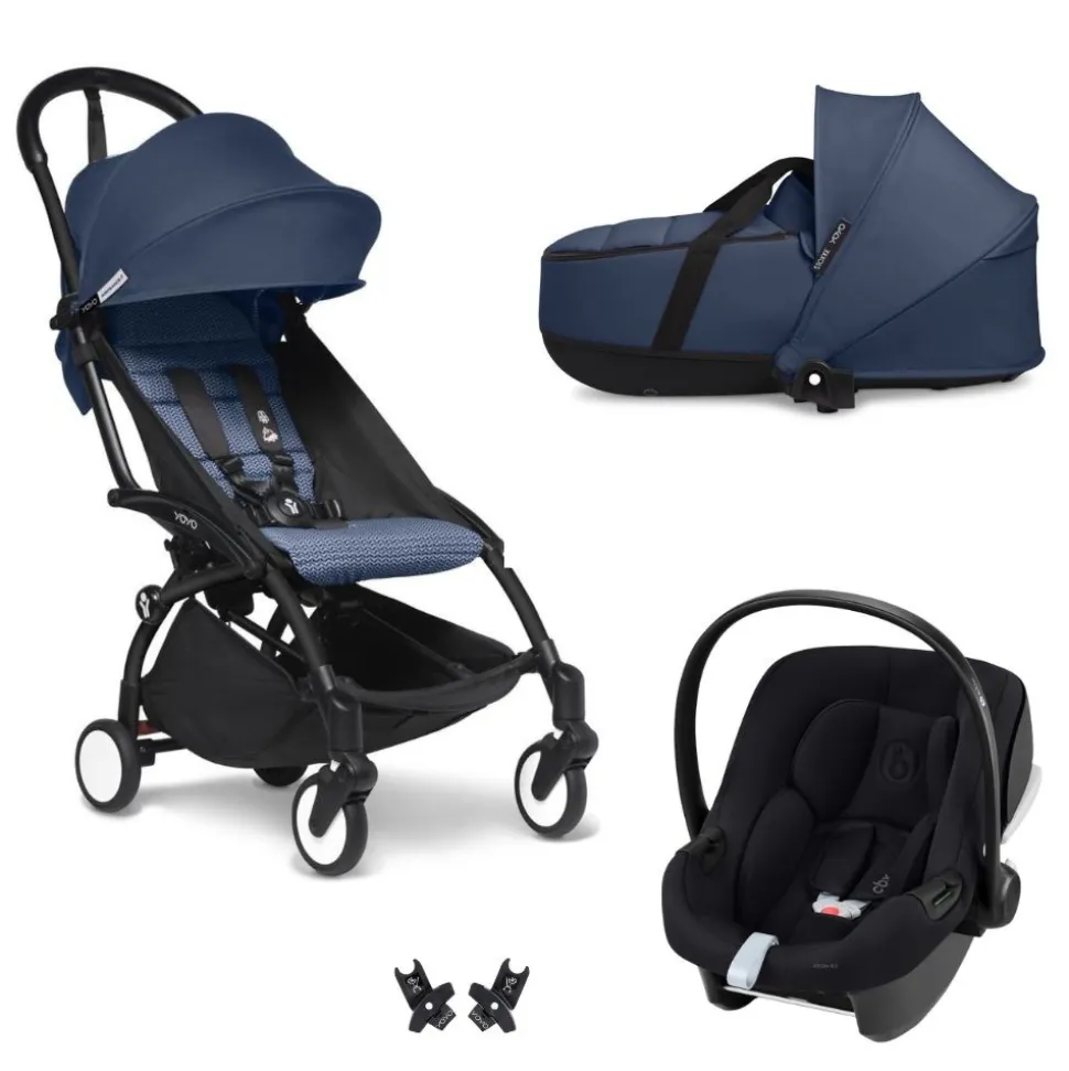 Poussette trio yoyo 3 pack 6+ et siège auto aton b2 black + nacelle yoyo - chassis noir - bleu air france