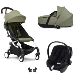 Poussette trio yoyo 3 pack 6+ et siège auto aton b2 black + nacelle yoyo - chassis blanc - olive