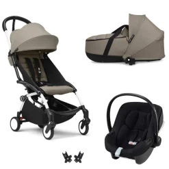 Poussette trio yoyo 3 pack 6+ et siège auto aton b2 black + nacelle yoyo - chassis blanc - taupe