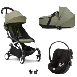 Poussette trio yoyo 3 pack 6+ et siège auto cloud g3 black + nacelle yoyo - chassis blanc - olive