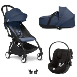 Poussette trio yoyo 3 pack 6+ et siège auto cloud g3 black + nacelle yoyo - chassis noir - bleu air france