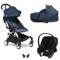 Poussette trio yoyo 3 pack 6+ et siège auto aton b2 black + nacelle yoyo - chassis blanc - bleu air france