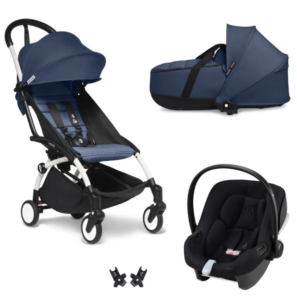 Poussette trio yoyo 3 pack 6+ et siège auto aton b2 black + nacelle yoyo - chassis blanc - bleu air france