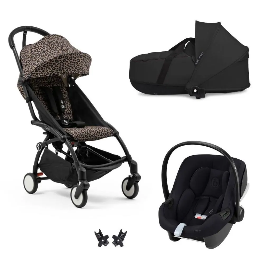 Poussette trio yoyo 3 pack 6+ et siège auto aton b2 black + nacelle yoyo - chassis noir - leopard / noir