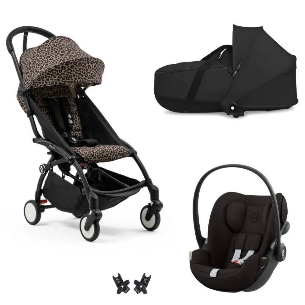 Poussette trio yoyo 3 pack 6+ et siège auto cloud g3 black + nacelle yoyo - chassis noir - leopard / noir