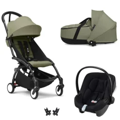 Poussette trio yoyo 3 pack 6+ et siège auto aton b2 black + nacelle yoyo - chassis noir - olive