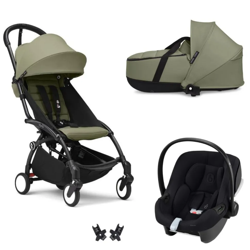 Poussette trio yoyo 3 pack 6+ et siège auto aton b2 black + nacelle yoyo - chassis noir - olive