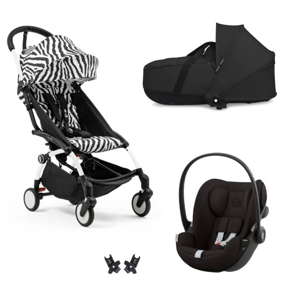 Poussette trio yoyo 3 pack 6+ et siège auto cloud g3 black + nacelle yoyo - chassis blanc - zebra / noir