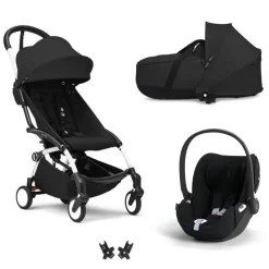 Poussette trio yoyo 3 pack 6+ + siège auto cloud t plus black + nacelle yoyo - châssis blanc - noir