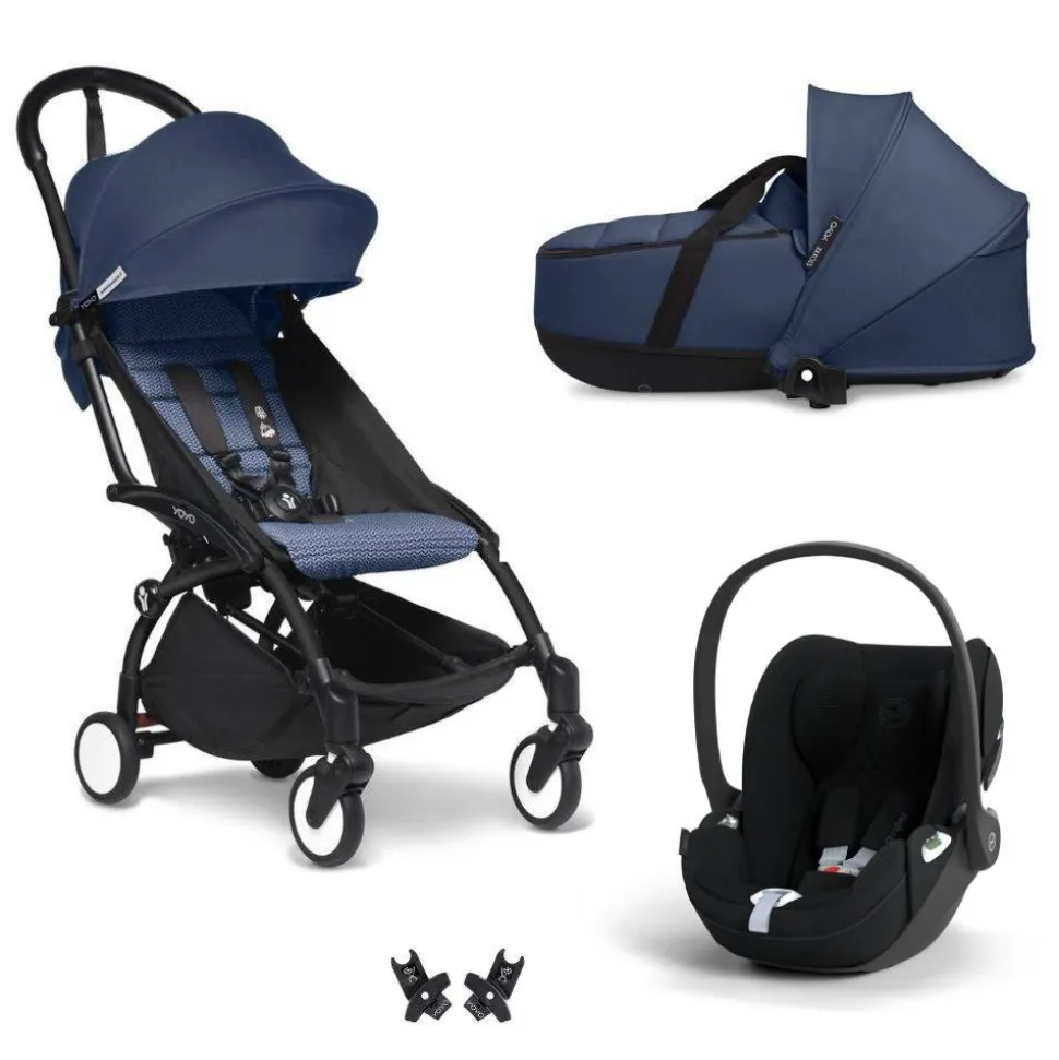 Poussette trio yoyo 3 pack 6+ + siège auto cloud t plus black + nacelle yoyo - châssis noir - bleu air france