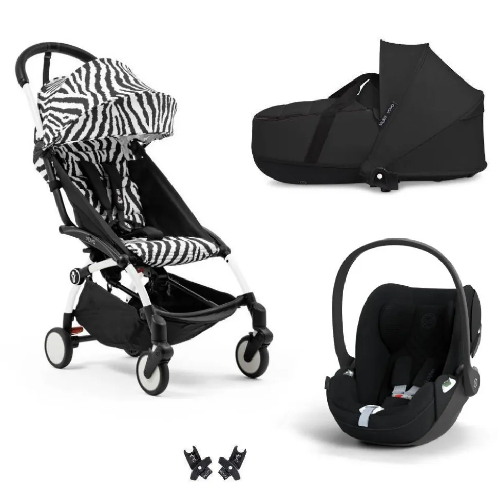 Poussette trio yoyo 3 pack 6+ + siège auto cloud t plus black + nacelle yoyo - châssis blanc - zebra / noir