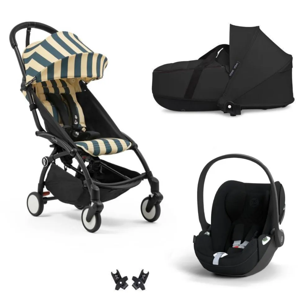 Poussette trio yoyo 3 pack 6+ + siège auto cloud t plus black + nacelle yoyo - châssis noir - monaco / noir