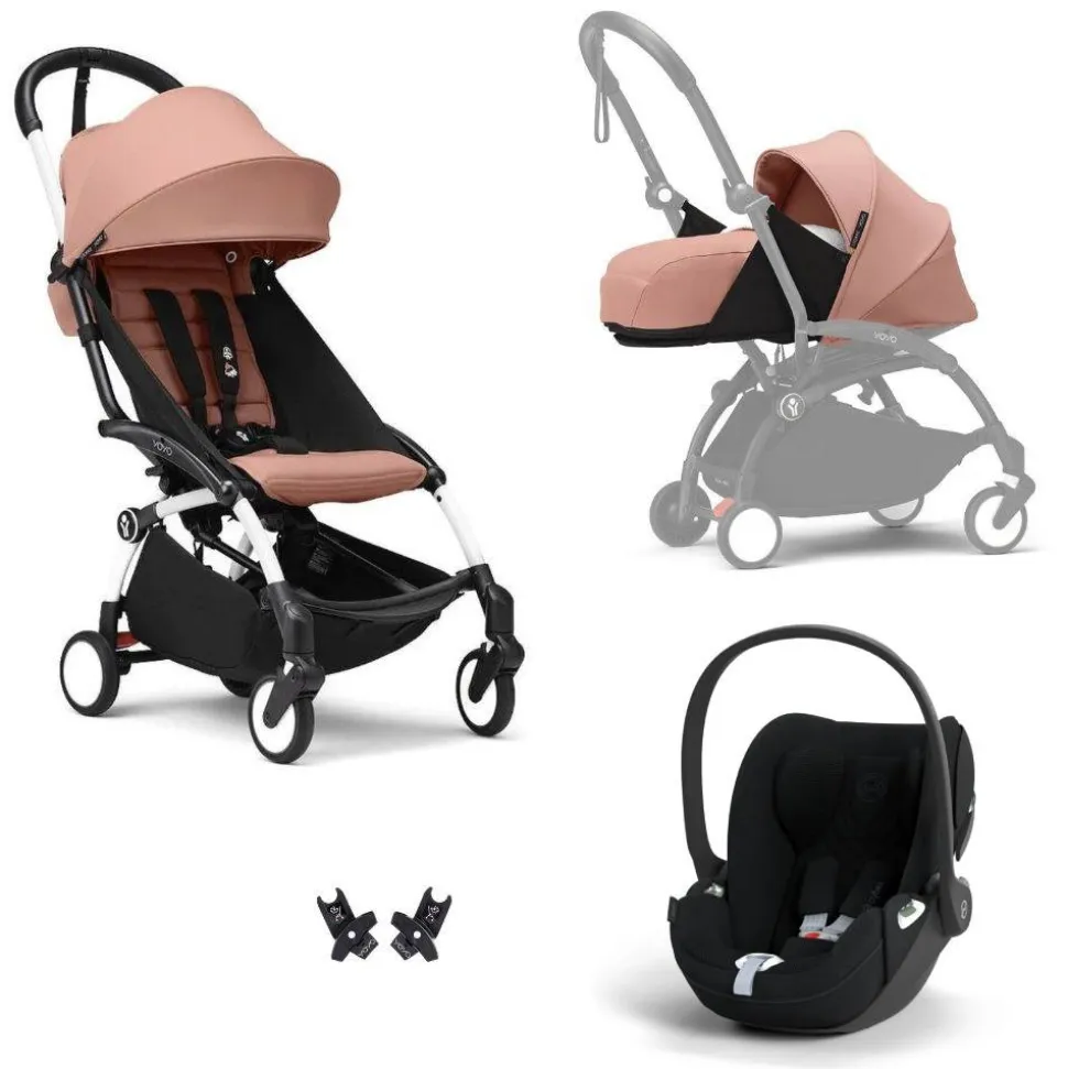 Poussette trio yoyo 3 pack 0+ & 6+ + siège auto cloud t plus black - châssis blanc - ginger