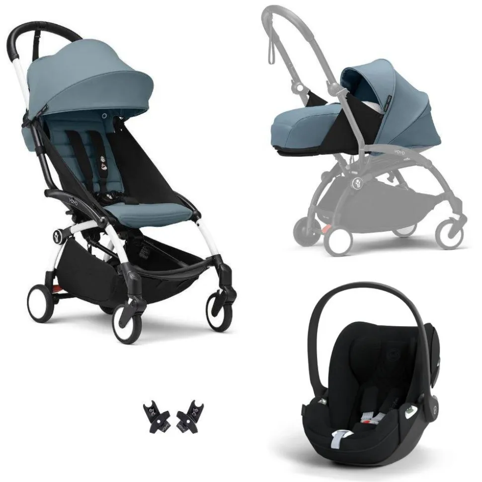 Poussette trio yoyo 3 pack 0+ & 6+ + siège auto cloud t plus black - châssis blanc - aqua