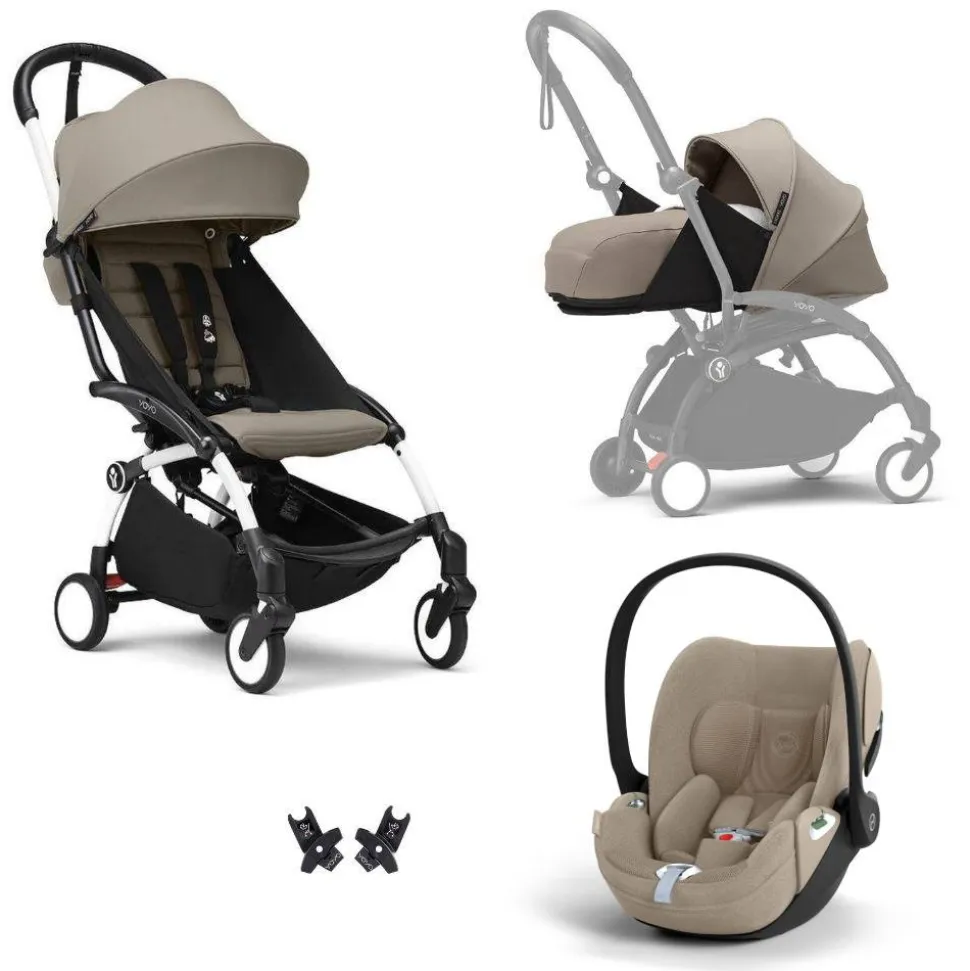 Poussette trio yoyo 3 pack 0+ & 6+ + siège auto cloud t plus beige - châssis blanc - taupe
