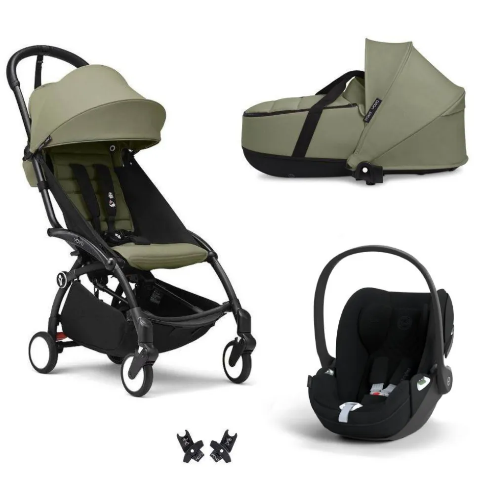 Poussette trio yoyo 3 pack 6+ + siège auto cloud t plus black + nacelle yoyo - châssis noir - olive