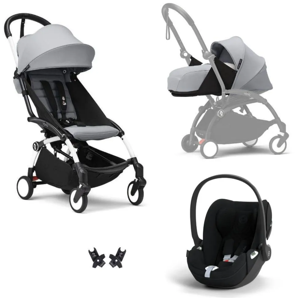 Poussette trio yoyo 3 pack 0+ & 6+ + siège auto cloud t plus black - châssis blanc - stone