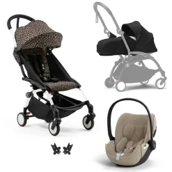 Poussette trio yoyo 3 pack 0+ & 6+ + siège auto cloud t plus beige - châssis blanc - léopard / noir
