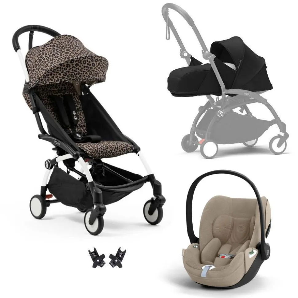 Poussette trio yoyo 3 pack 0+ & 6+ + siège auto cloud t plus beige - châssis blanc - léopard / noir