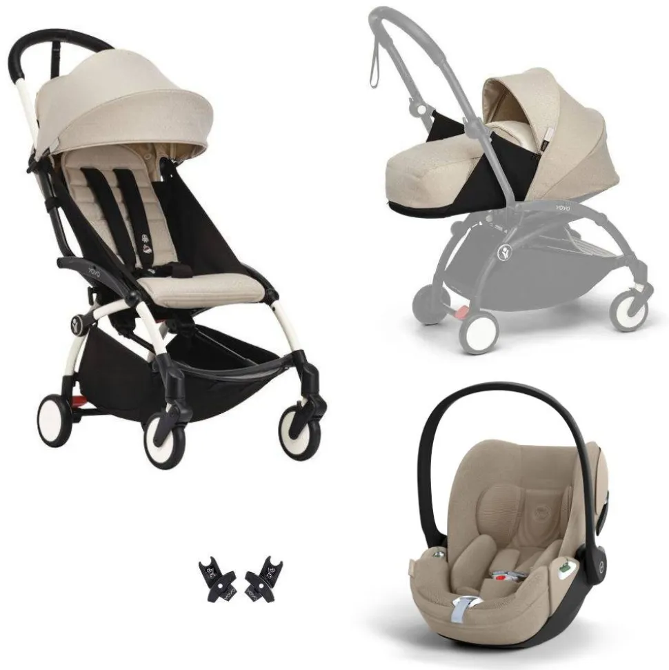 Poussette trio yoyo 3 pack 0+ & 6+ + siège auto cloud t plus beige - châssis blanc - bonpoint