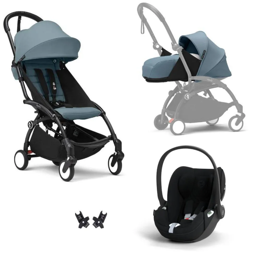 Poussette trio yoyo 3 pack 0+ & 6+ + siège auto cloud t plus black - châssis noir - aqua
