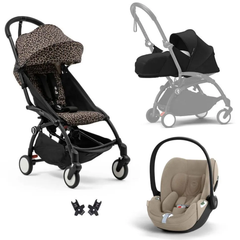 Poussette trio yoyo 3 pack 0+ & 6+ + siège auto cloud t plus beige - châssis noir - léopard / noir