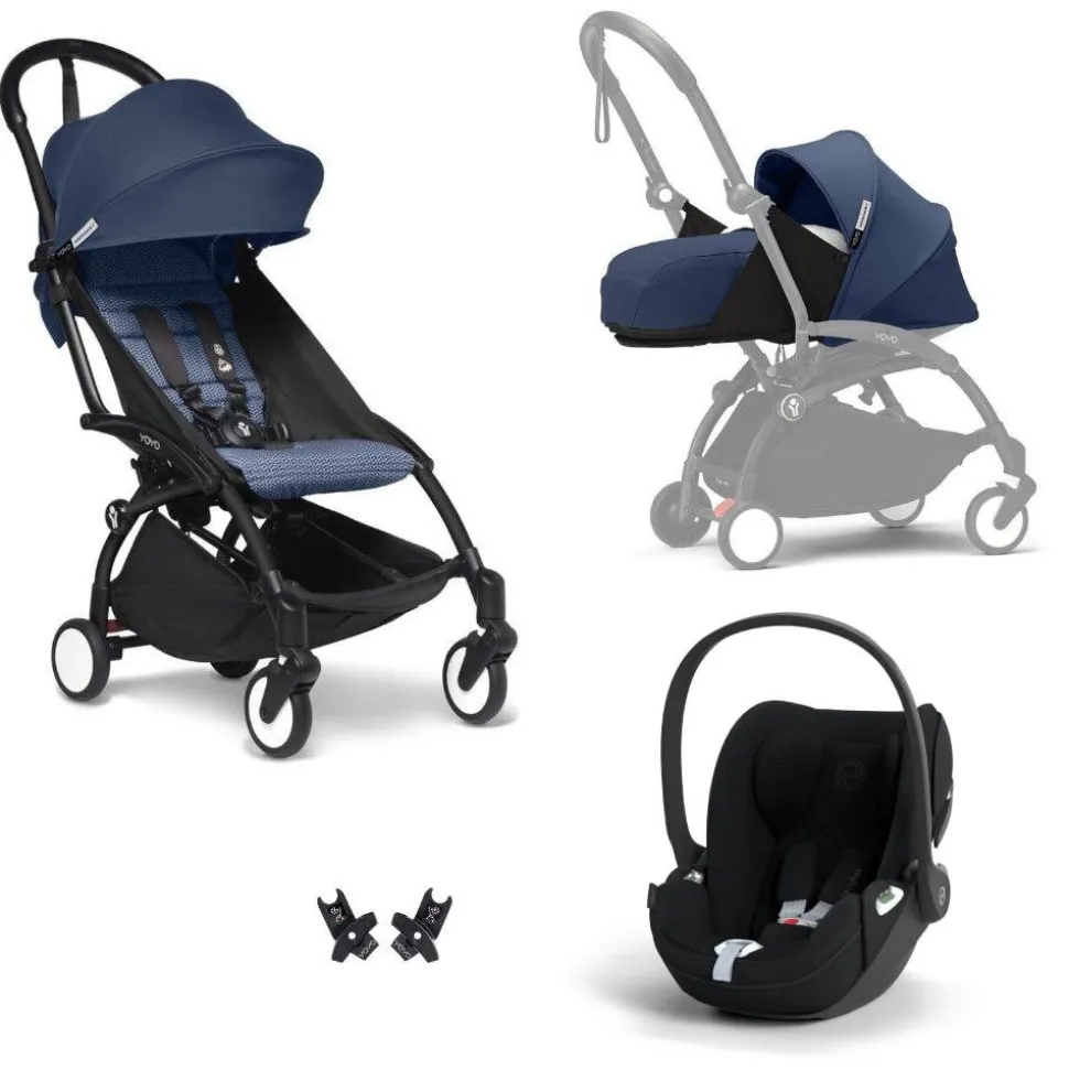 Poussette trio yoyo 3 pack 0+ & 6+ + siège auto cloud t plus black - châssis noir - bleu air france