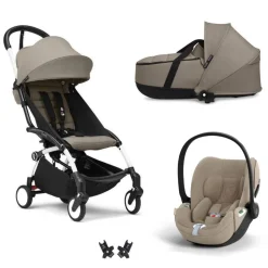 Poussette trio yoyo 3 pack 6+ + siège auto cloud t plus beige + nacelle yoyo - châssis blanc - taupe