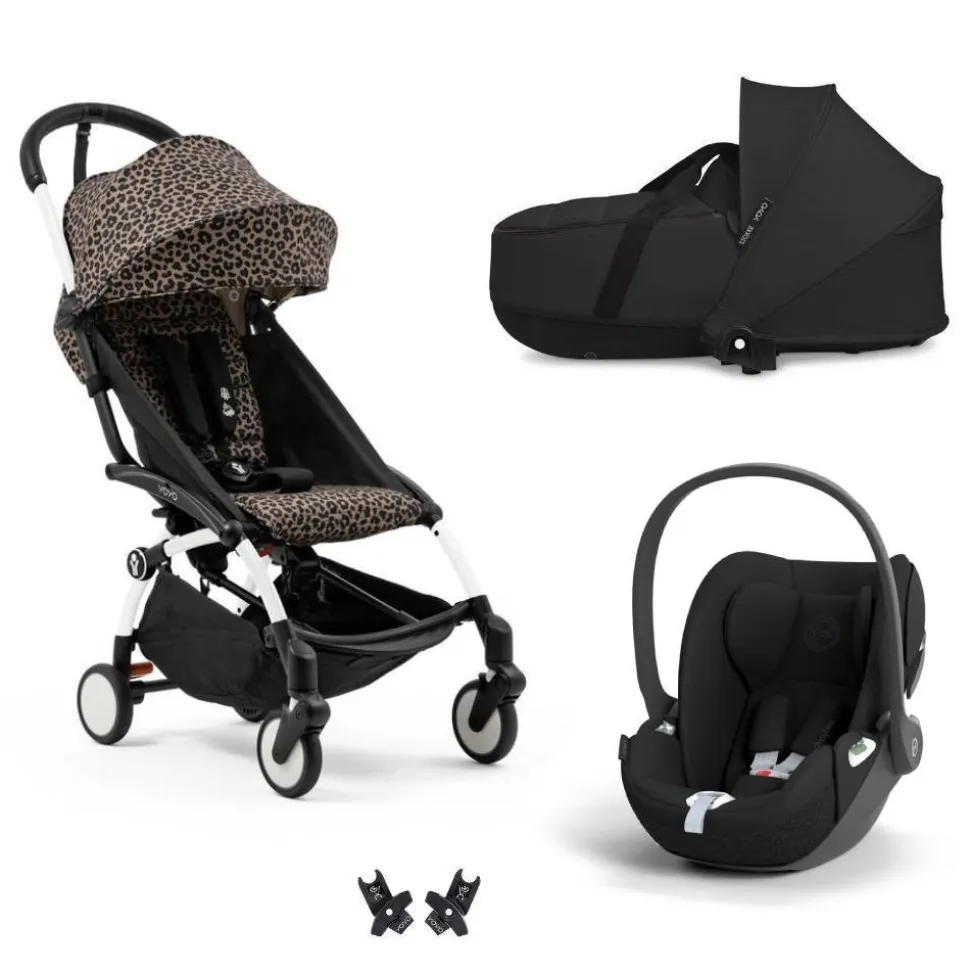 Poussette trio yoyo 3 + siège auto cloud t black + nacelle - châssis blanc - léopard / noir
