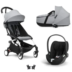 Poussette trio yoyo 3 + siège auto cloud t black + nacelle - châssis blanc - stone