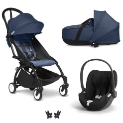 Poussette trio yoyo 3 + siège auto cloud t black + nacelle - châssis noir - bleu air france