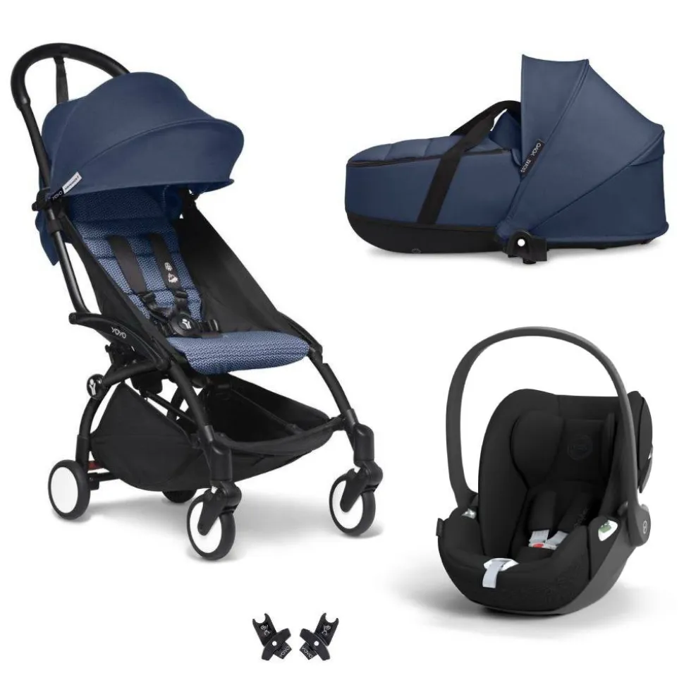 Poussette trio yoyo 3 + siège auto cloud t black + nacelle - châssis noir - bleu air france