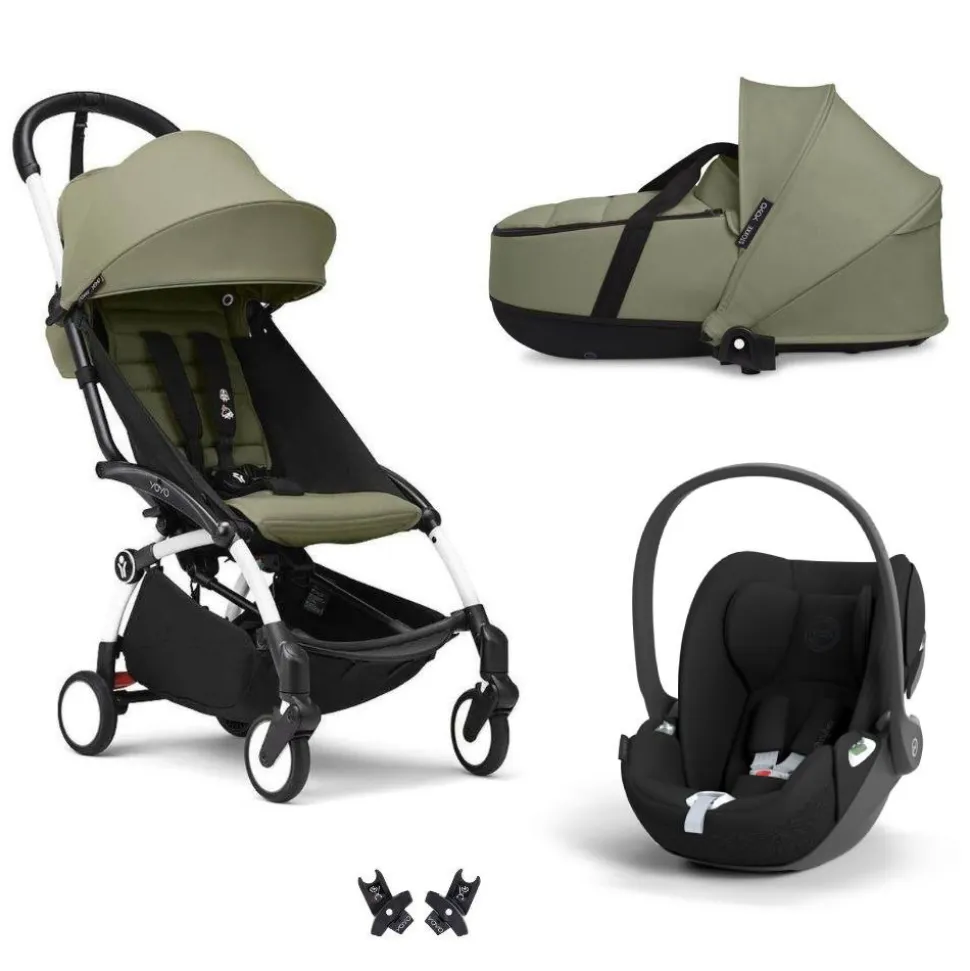 Poussette trio yoyo 3 + siège auto cloud t black + nacelle - châssis blanc - olive