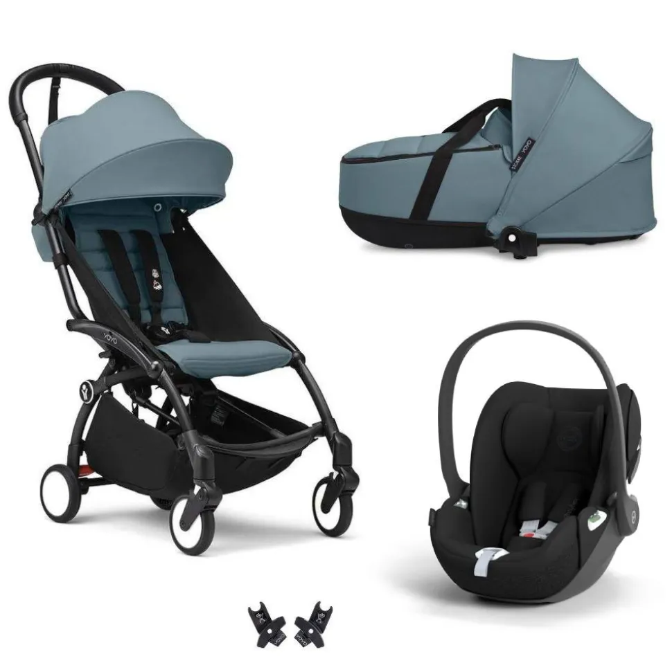 Poussette trio yoyo 3 + siège auto cloud t black + nacelle - châssis noir - aqua