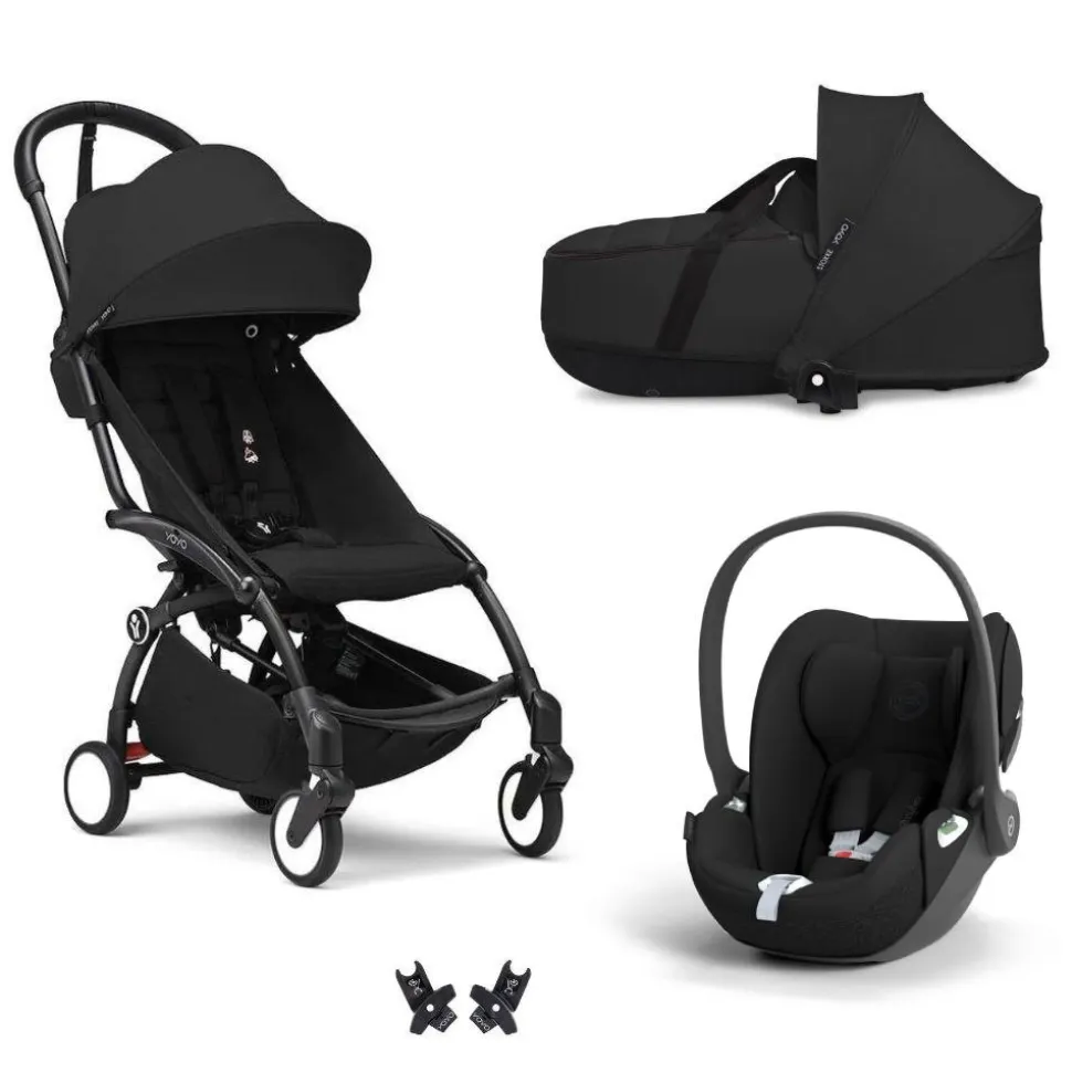 Poussette trio yoyo 3 + siège auto cloud t black + nacelle - châssis noir - noir