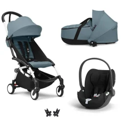 Poussette trio yoyo 3 + siège auto cloud t black + nacelle - châssis blanc - aqua
