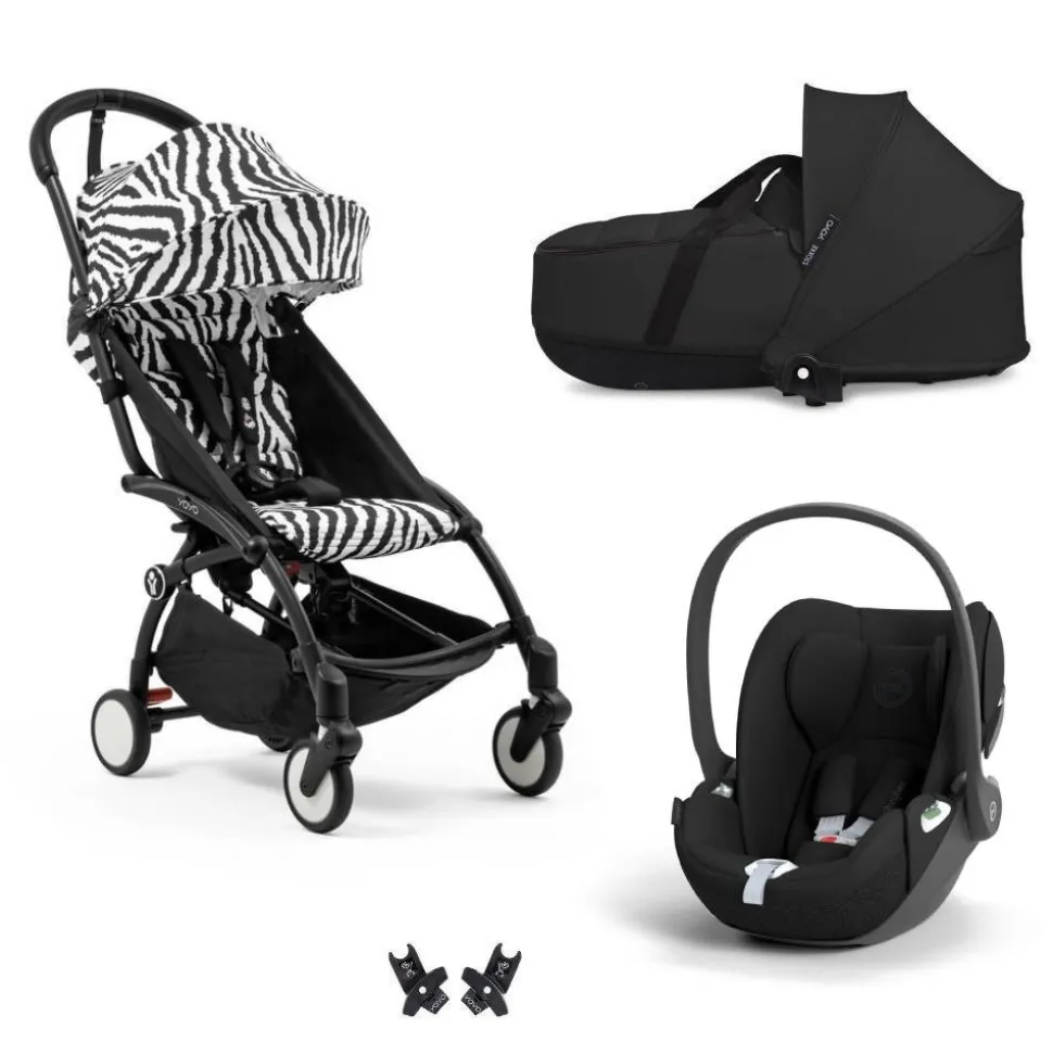 Poussette trio yoyo 3 + siège auto cloud t black + nacelle - châssis noir - zebra / noir