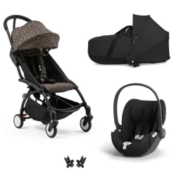 Poussette trio yoyo 3 + siège auto cloud t black + nacelle - châssis noir - leopard / noir
