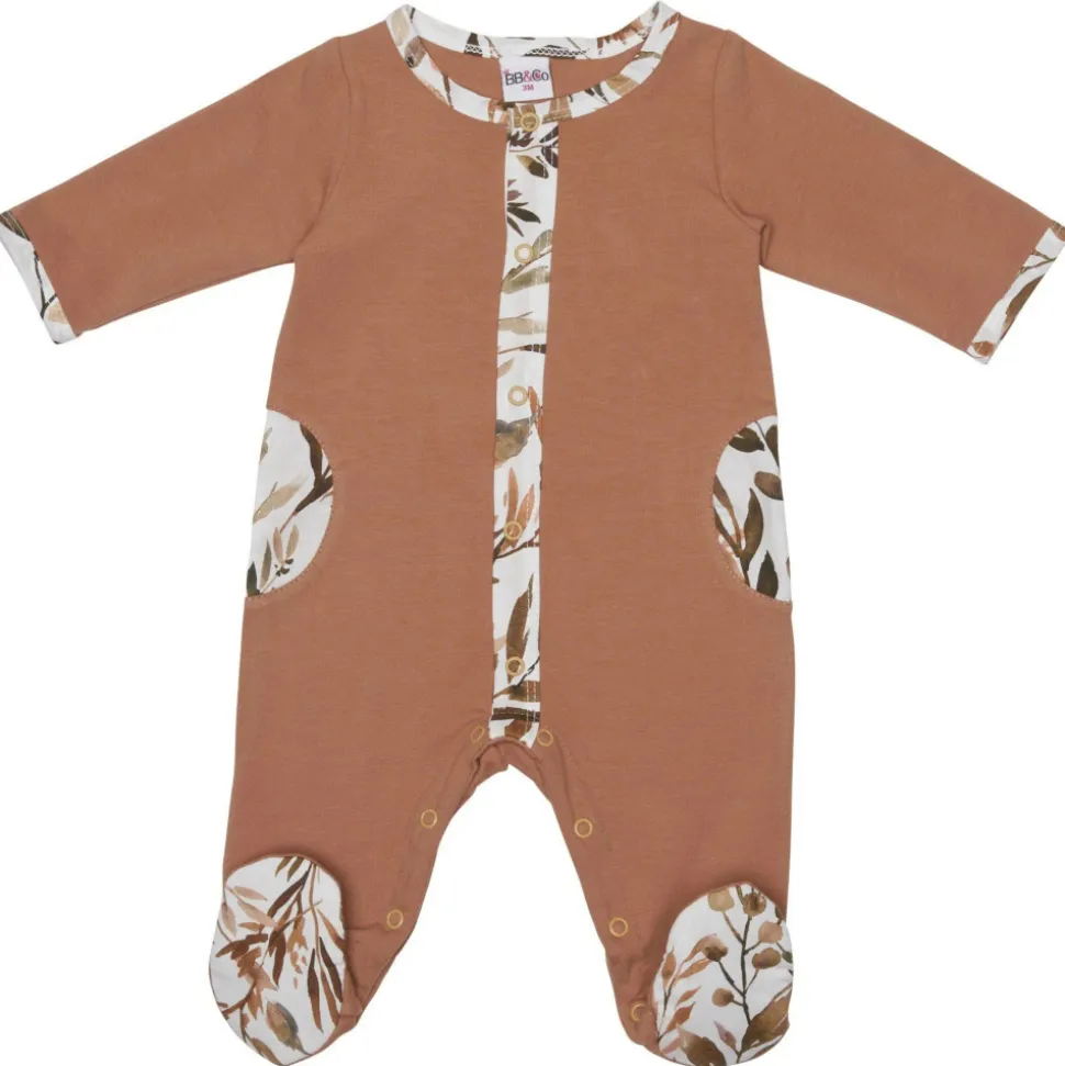 Pyjama hiver en maille bouclette cassonade / imprimé feuillages - 3 mois