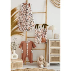 Pyjama hiver en maille bouclette cassonade / imprimé feuillages - 1 mois