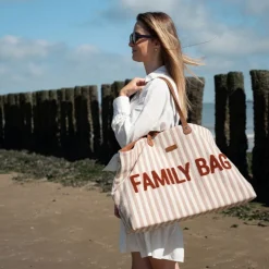 Sac à langer family bag à rayures terracotta et nude