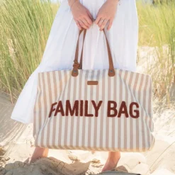 Sac à langer family bag à rayures terracotta et nude