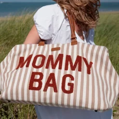 Sac à langer mommy bag rayures nude et terracotta