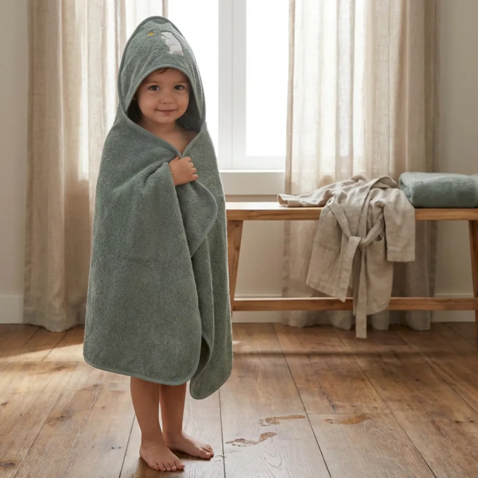 Serviette de bain enfant à capuche 75x75 cm, ours vert