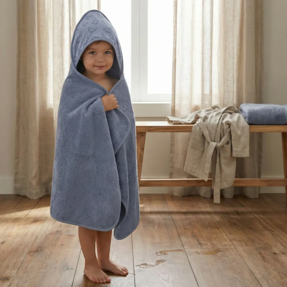 Serviette de bain enfant à capuche 75x75 cm, bleu dinosaure