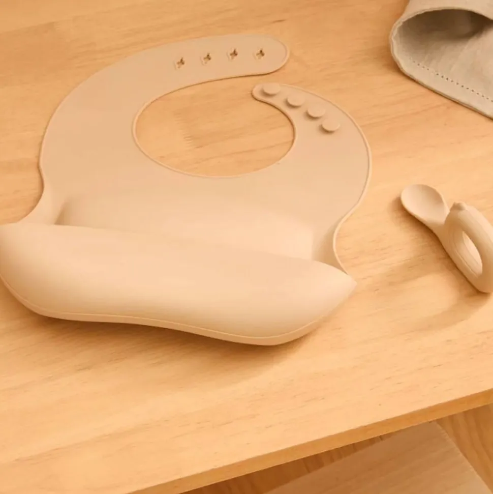 Set bavoir et cuillère yum - beige