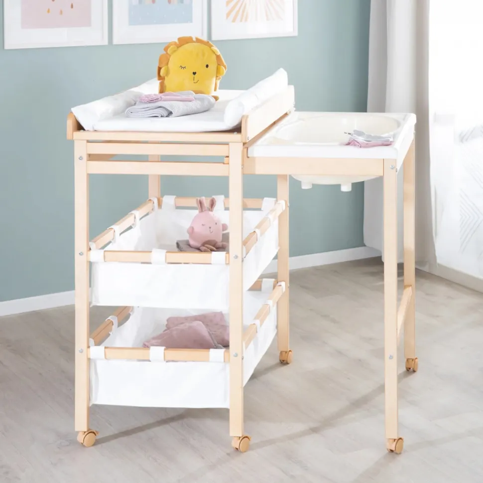 Table à langer avec baignoire baby pool et matelas à langer blanc