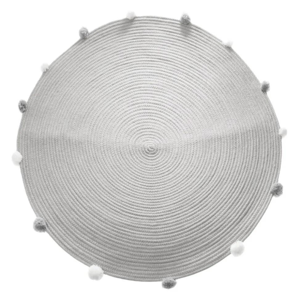 Tapis enfant rond ø90 cm gris avec pompons