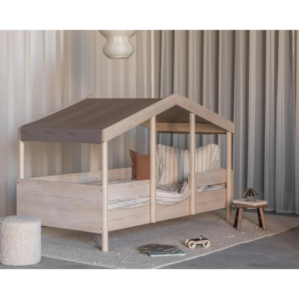 Toit pour lit cabane enfant 90 x 200 cm en tissu cottage chocolat