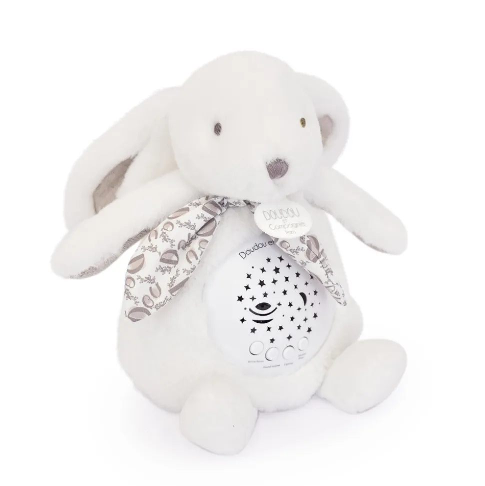 Veilleuse musicale projection d'étoiles lapin doudou blanc